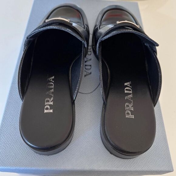 Prada Black Square Toe Leather Logo Slip-On Mules EU 36.5 US 6.5 Authentic - Picture 5 of 10